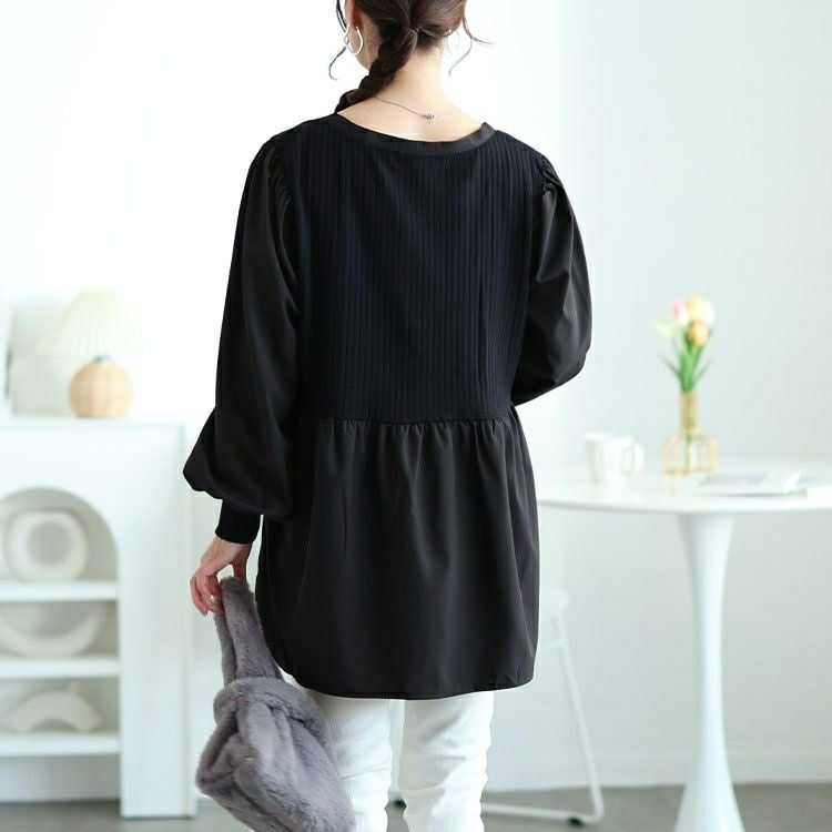 大きいサイズ レディース リブニット切り替えペプラムチュニック　jp519