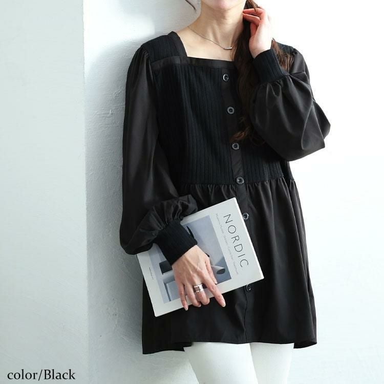 大きいサイズ レディース リブニット切り替えペプラムチュニック　jp519 ブラック