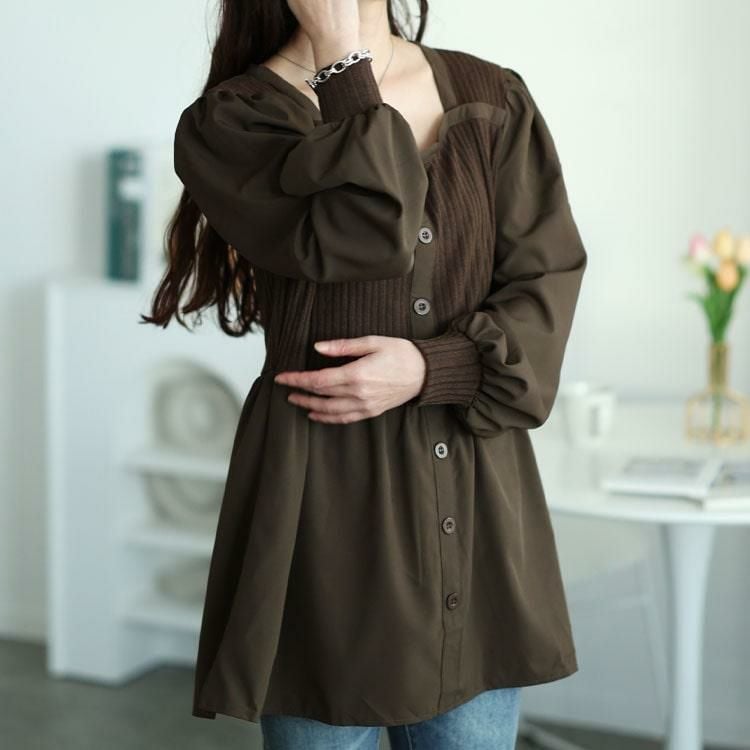 大きいサイズ レディース リブニット切り替えペプラムチュニック　jp519 ブラウン