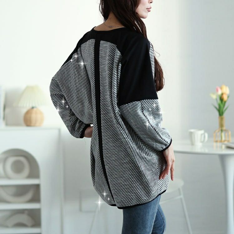 大きいサイズ レディース ヘリンボーン配色切り替えドルマンニット　jp516