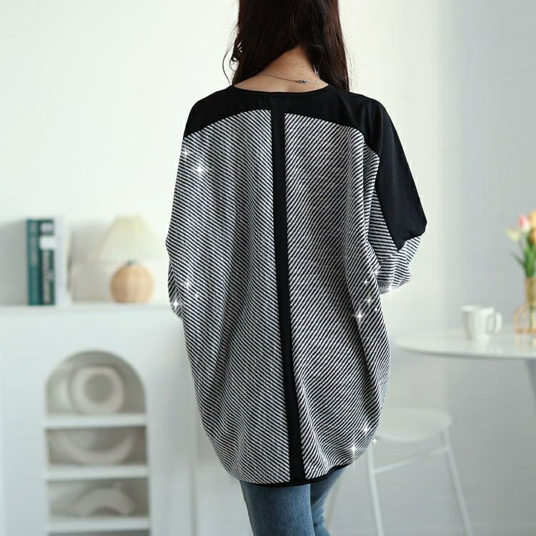 大きいサイズ レディース ヘリンボーン配色切り替えドルマンニット　jp516