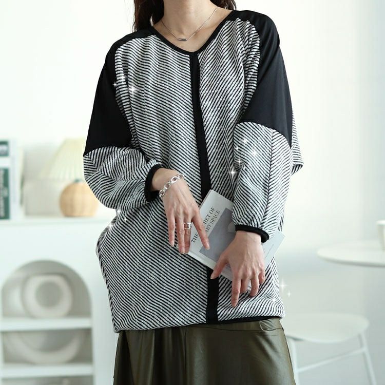 大きいサイズ レディース ヘリンボーン配色切り替えドルマンニット　jp516