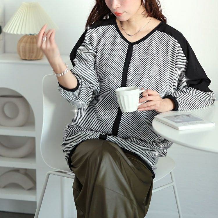 大きいサイズ レディース ヘリンボーン配色切り替えドルマンニット　jp516