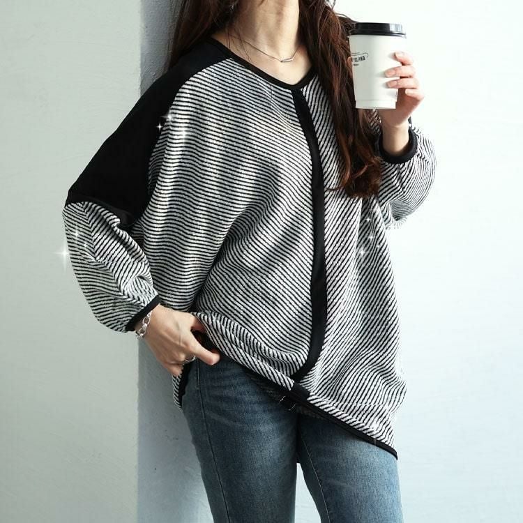 大きいサイズ レディース ヘリンボーン配色切り替えドルマンニット　jp516 ブラック