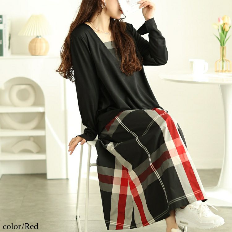 大きいサイズ レディース フェイクレイヤードチェック柄ワンピース　maru-30097