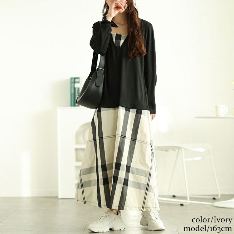 大きいサイズ レディース フェイクレイヤードチェック柄ワンピース　maru-30097