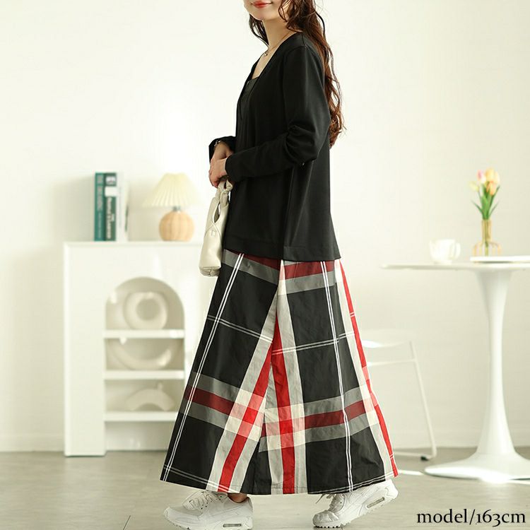 大きいサイズ レディース フェイクレイヤードチェック柄ワンピース　maru-30097