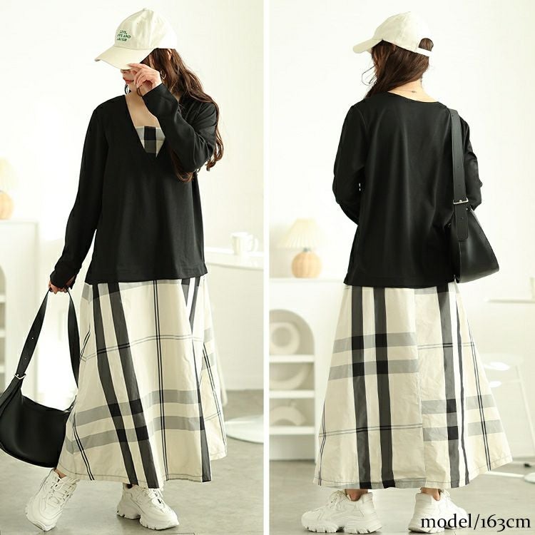 大きいサイズ レディース フェイクレイヤードチェック柄ワンピース　maru-30097