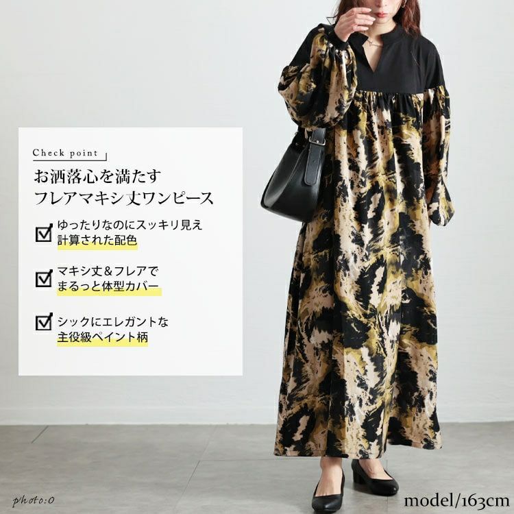 大きいサイズ レディース ペイント柄切り替えギャザーフレアワンピース　maru-30092