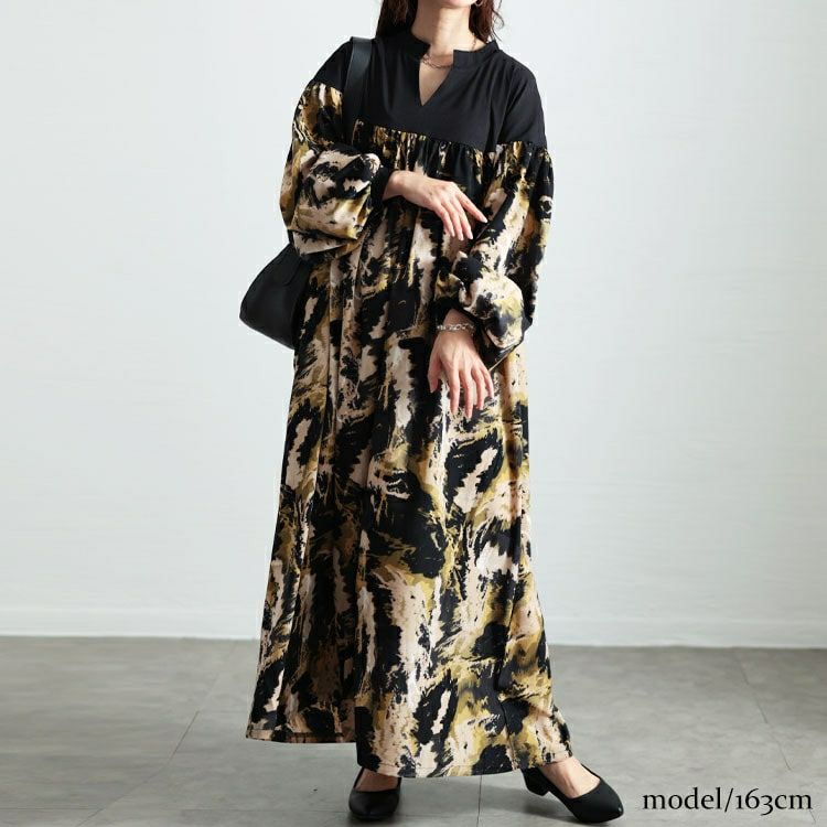 大きいサイズ レディース ペイント柄切り替えギャザーフレアワンピース　maru-30092