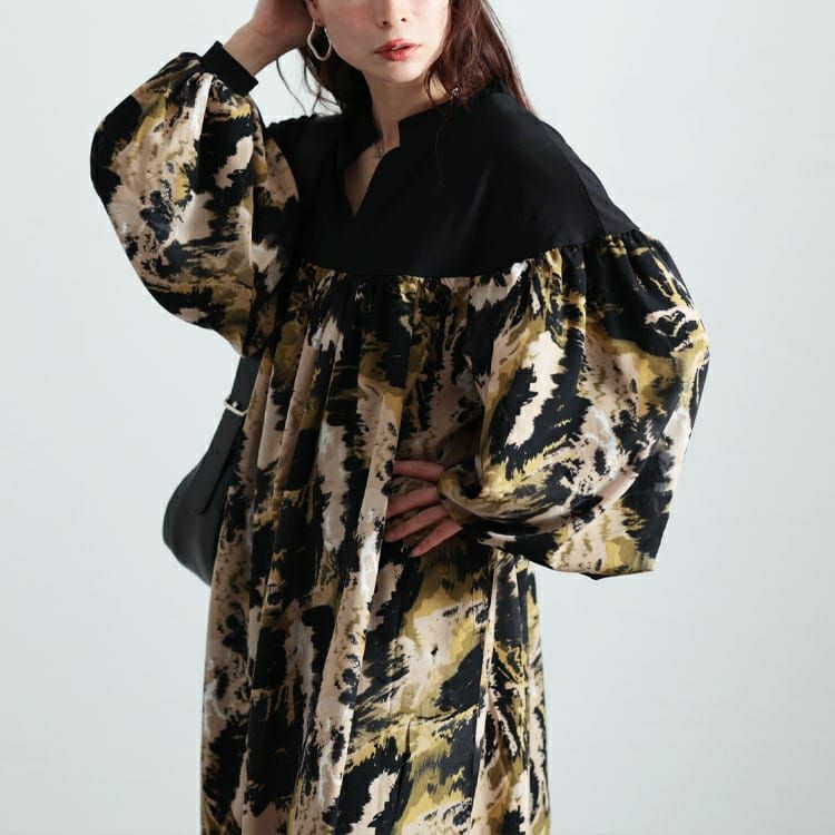 大きいサイズ レディース ペイント柄切り替えギャザーフレアワンピース　maru-30092