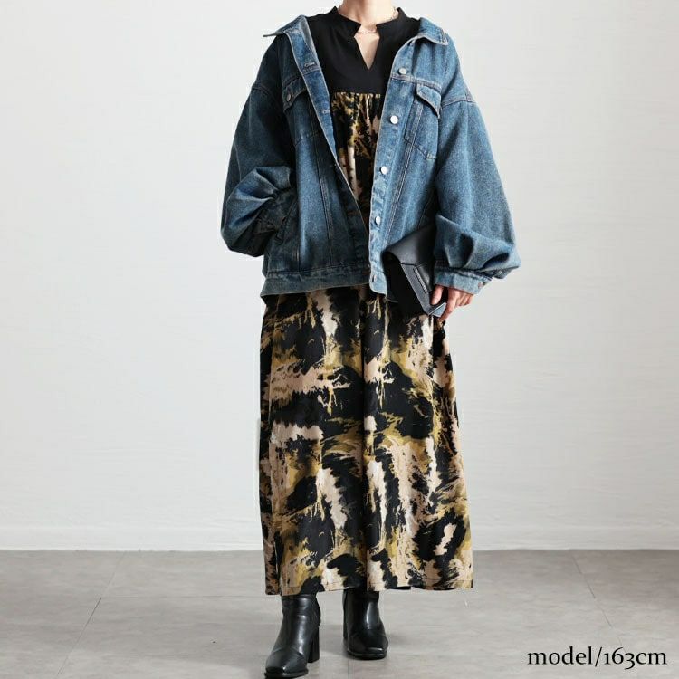 大きいサイズ レディース ペイント柄切り替えギャザーフレアワンピース　maru-30092