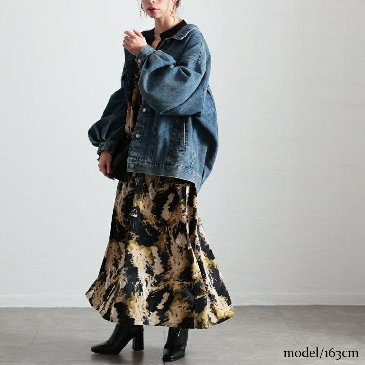 大きいサイズ レディース ペイント柄切り替えギャザーフレアワンピース　maru-30092