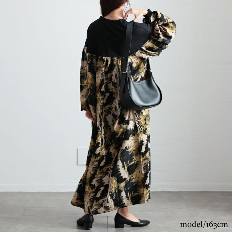 大きいサイズ レディース ペイント柄切り替えギャザーフレアワンピース　maru-30092