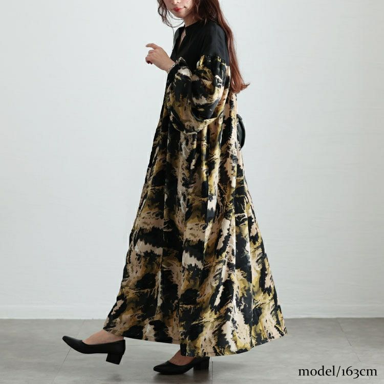 大きいサイズ レディース ペイント柄切り替えギャザーフレアワンピース　maru-30092