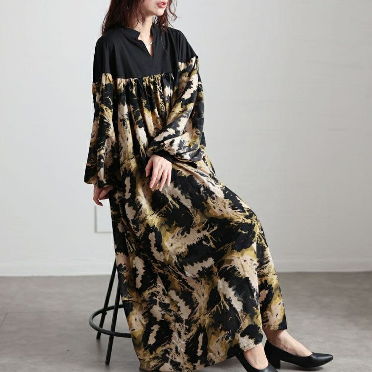 大きいサイズ レディース ペイント柄切り替えギャザーフレアワンピース　maru-30092