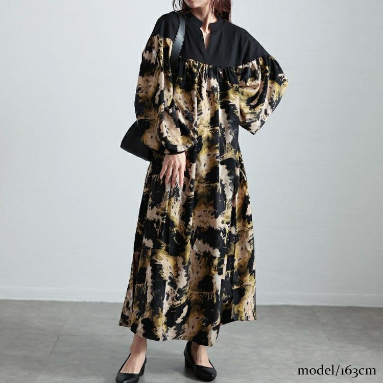 大きいサイズ レディース ペイント柄切り替えギャザーフレアワンピース　maru-30092