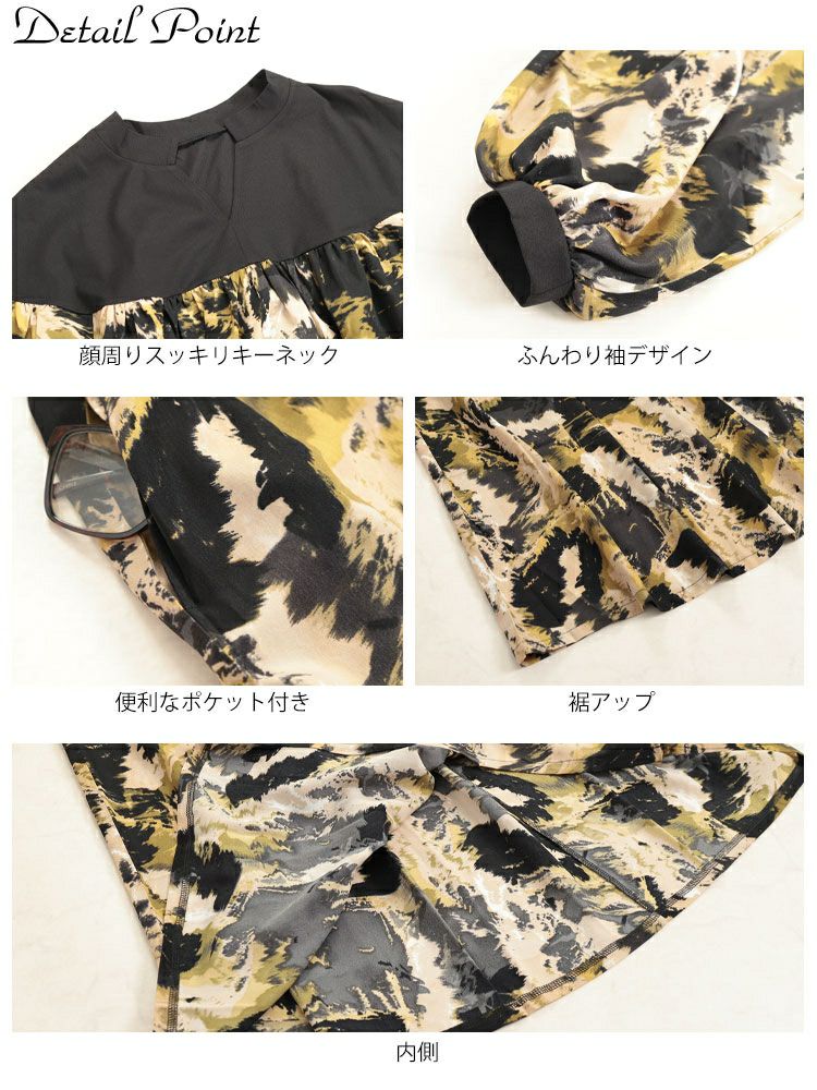 大きいサイズ レディース ペイント柄切り替えギャザーフレアワンピース　maru-30092