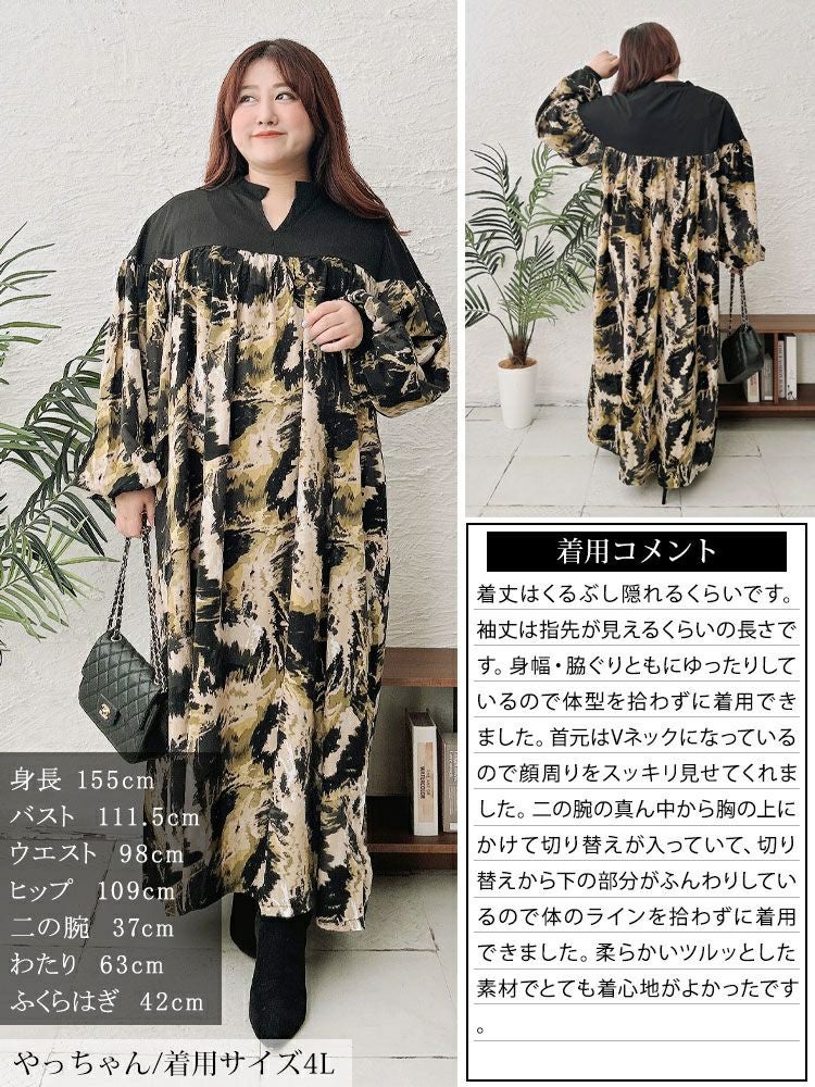 大きいサイズ レディース ペイント柄切り替えギャザーフレアワンピース　maru-30092