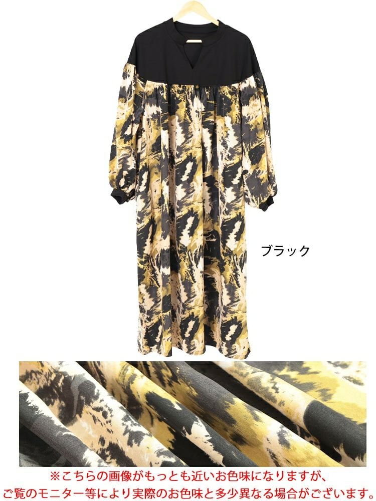 大きいサイズ レディース ペイント柄切り替えギャザーフレアワンピース　maru-30092