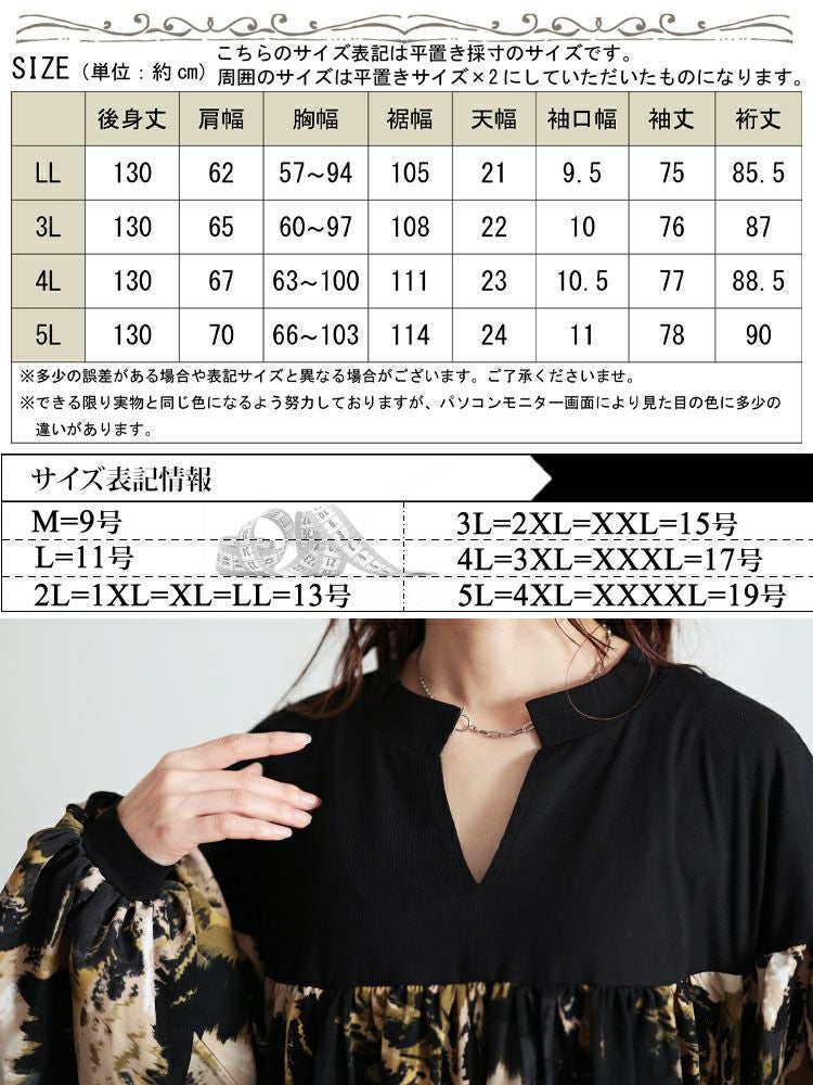 大きいサイズ レディース ペイント柄切り替えギャザーフレアワンピース　maru-30092