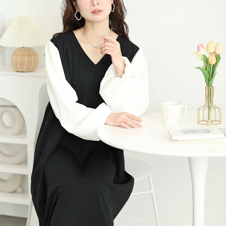 大きいサイズ レディース フェイクレイヤードフレアワンピース　maru-30091