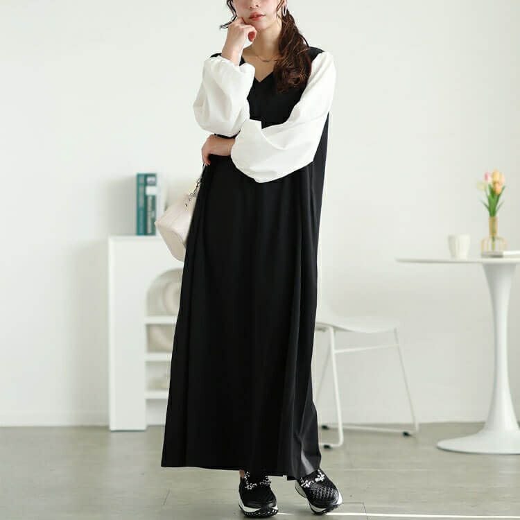 大きいサイズ レディース フェイクレイヤードフレアワンピース　maru-30091