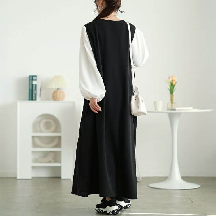 大きいサイズ レディース フェイクレイヤードフレアワンピース　maru-30091