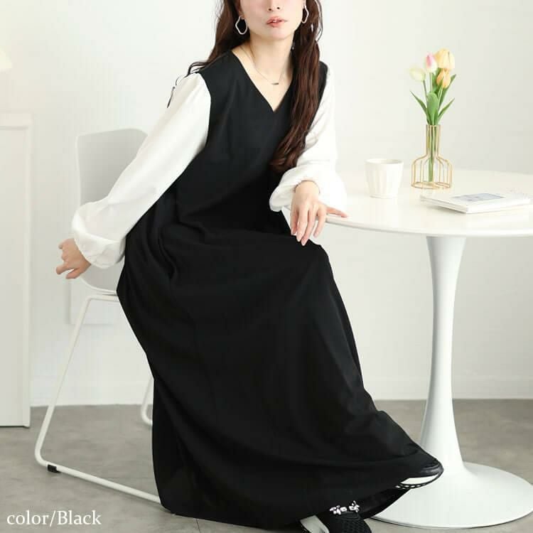 大きいサイズ レディース フェイクレイヤードフレアワンピース　maru-30091 ブラック