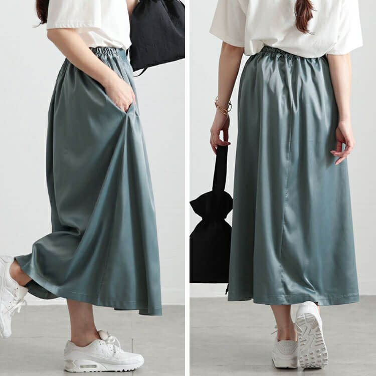 大きいサイズ レディース ストレッチサテンタックフレアスカート　maru-30090