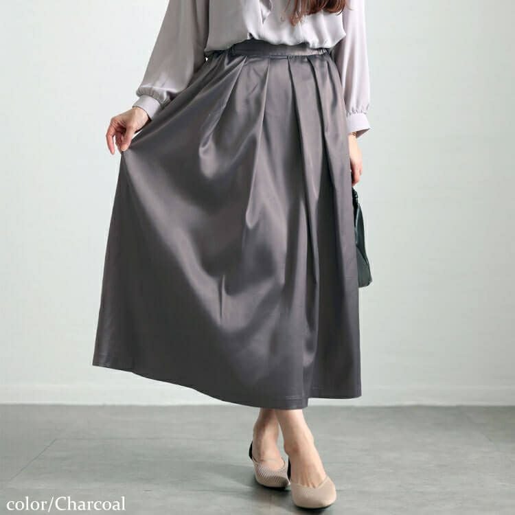大きいサイズ レディース ストレッチサテンタックフレアスカート　maru-30090