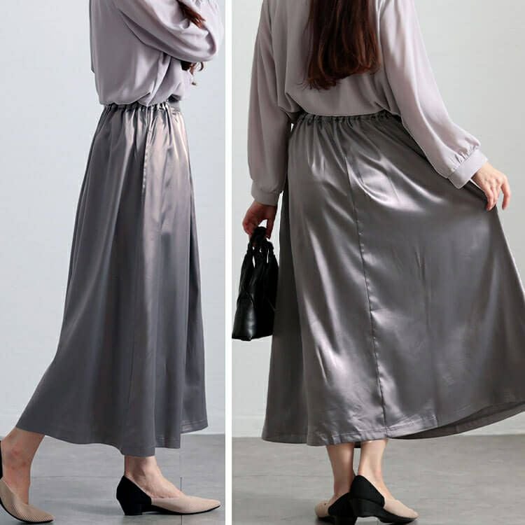 大きいサイズ レディース ストレッチサテンタックフレアスカート　maru-30090