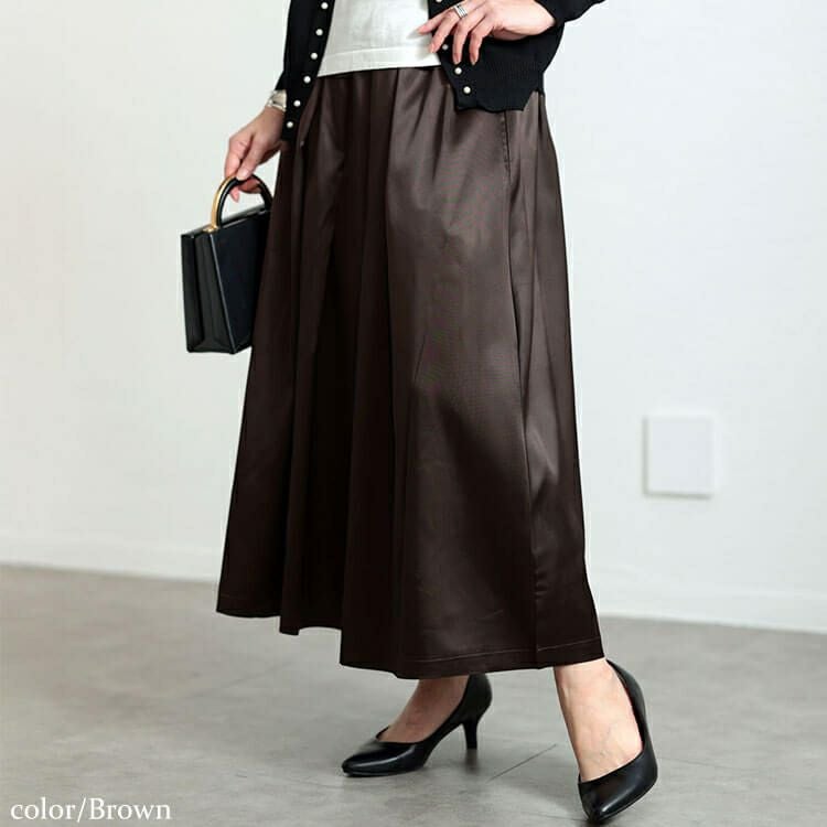 大きいサイズ レディース ストレッチサテンタックフレアスカート　maru-30090