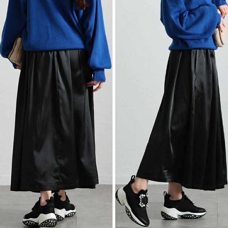 大きいサイズ レディース ストレッチサテンタックフレアスカート　maru-30090