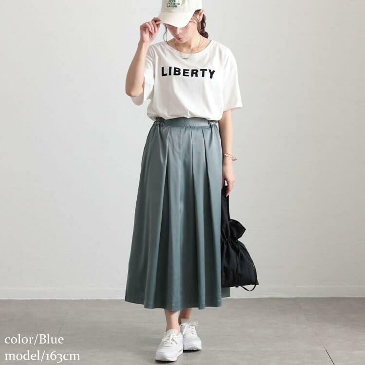 大きいサイズ レディース ストレッチサテンタックフレアスカート　maru-30090 ブルー