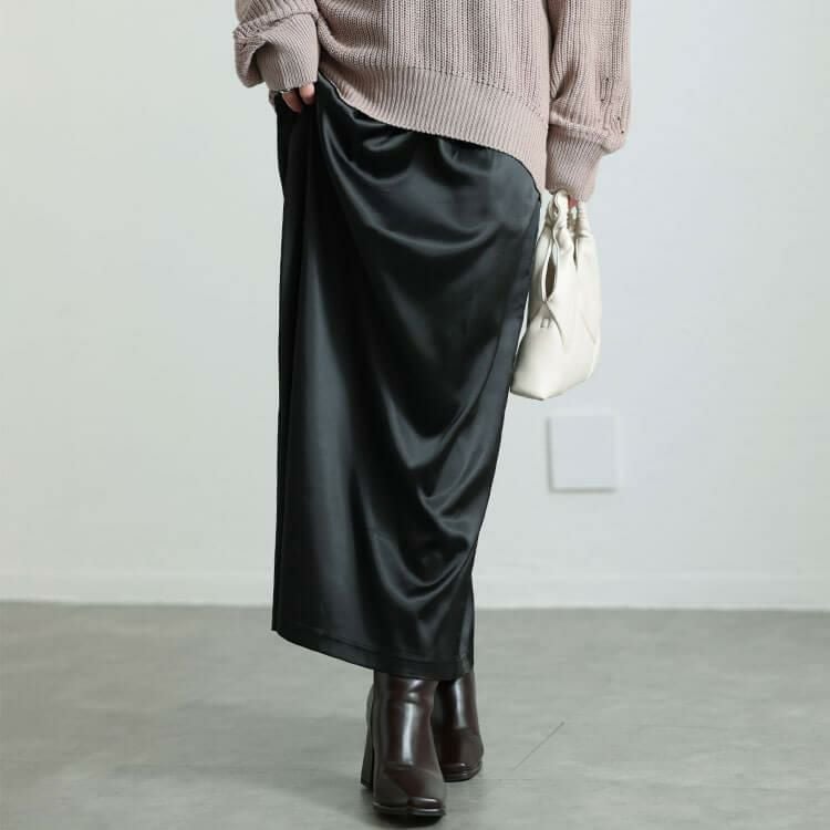 大きいサイズ レディース ストレッチサテンナロースカート　maru-30089 【メール便可】 ブラック