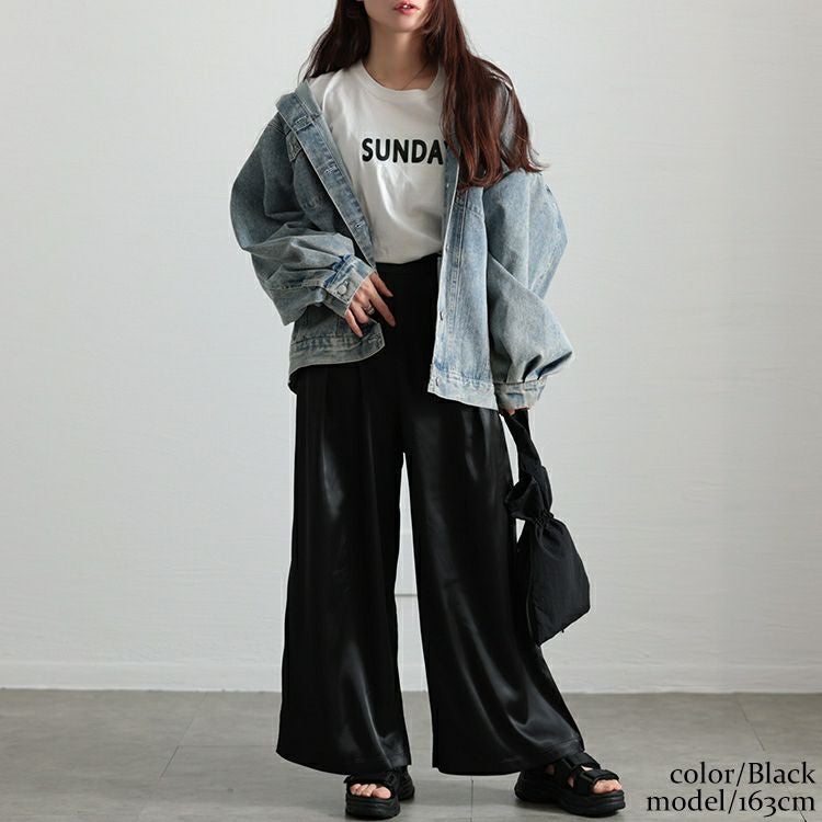 大きいサイズ レディース ストレッチサテンタックワイドパンツ　maru-30088 【メール便可】