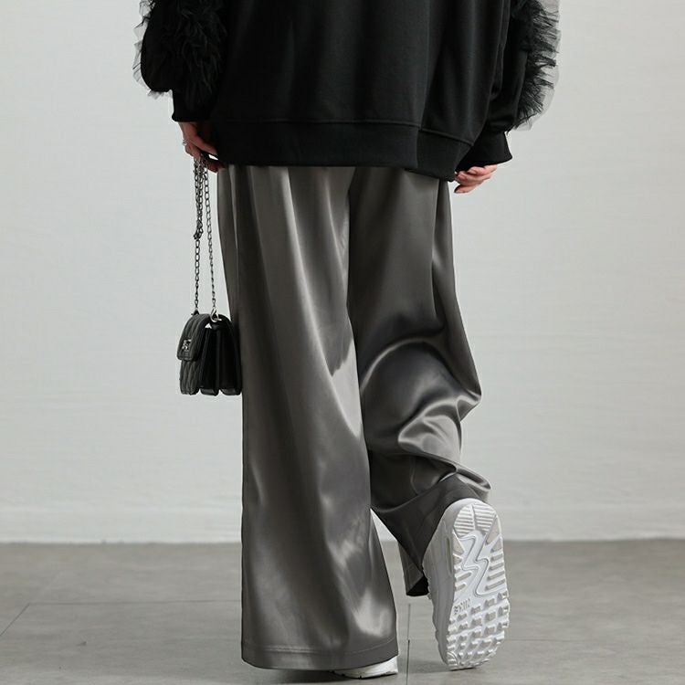 大きいサイズ レディース ストレッチサテンタックワイドパンツ　maru-30088 【メール便可】