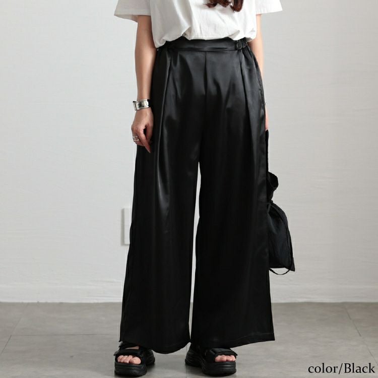 大きいサイズ レディース ストレッチサテンタックワイドパンツ　maru-30088 【メール便可】