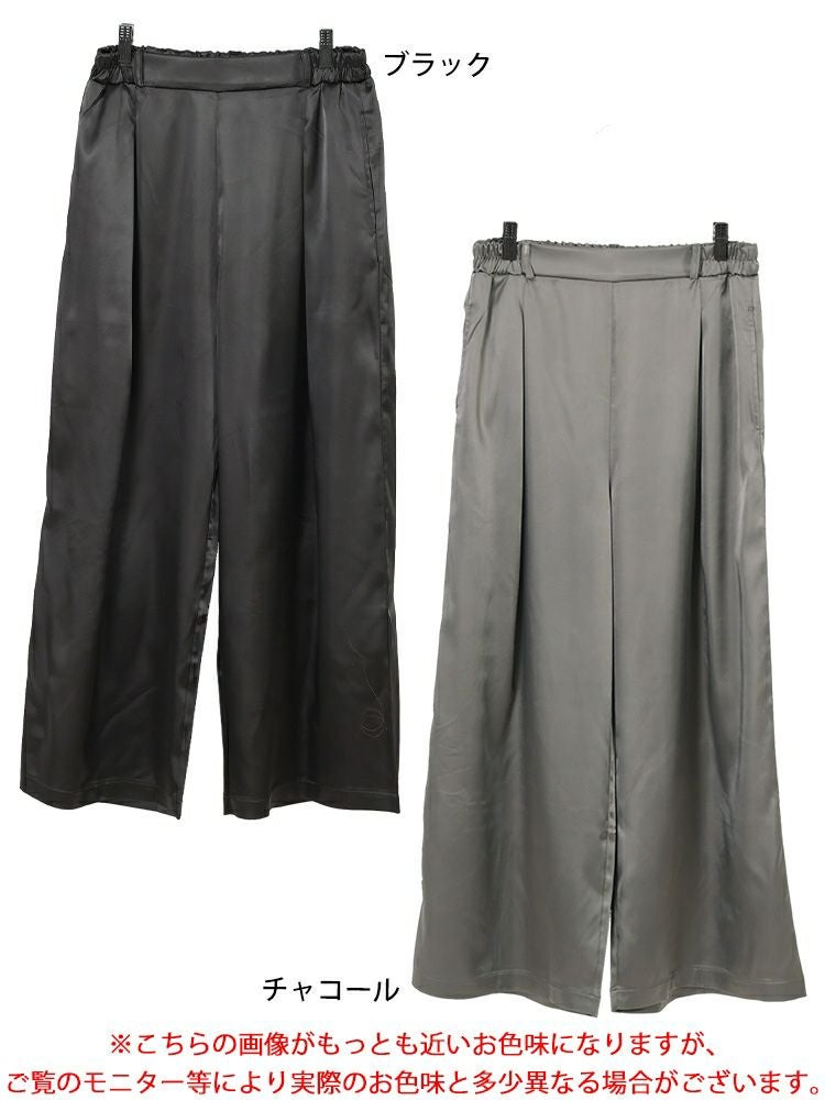 大きいサイズ レディース ストレッチサテンタックワイドパンツ　maru-30088 【メール便可】