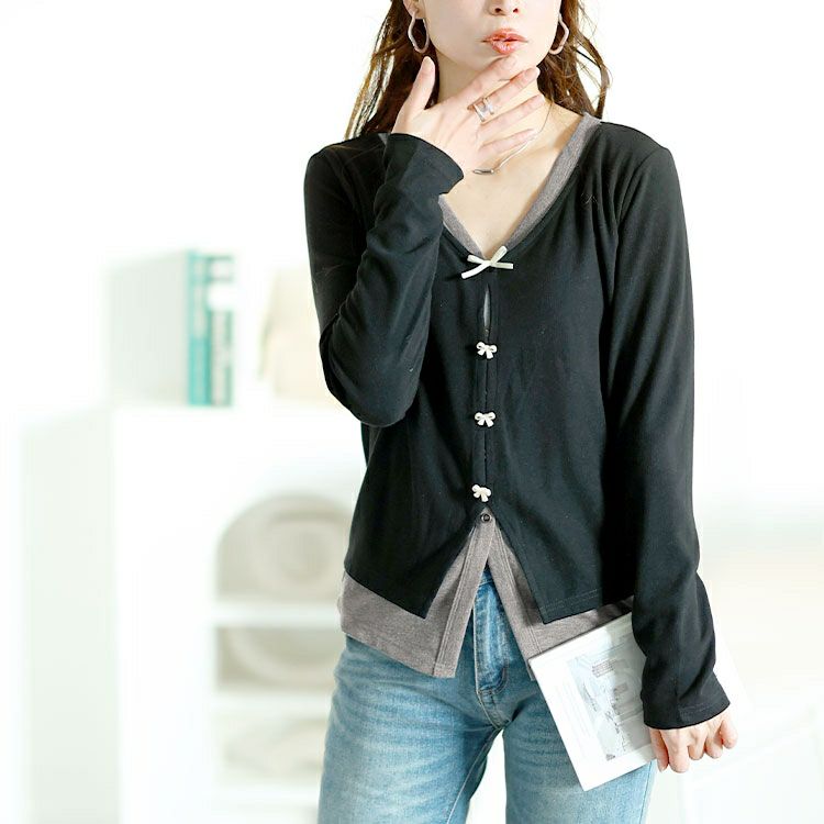 大きいサイズ レディース カーディガン重ね着風トップス　goldy-1621