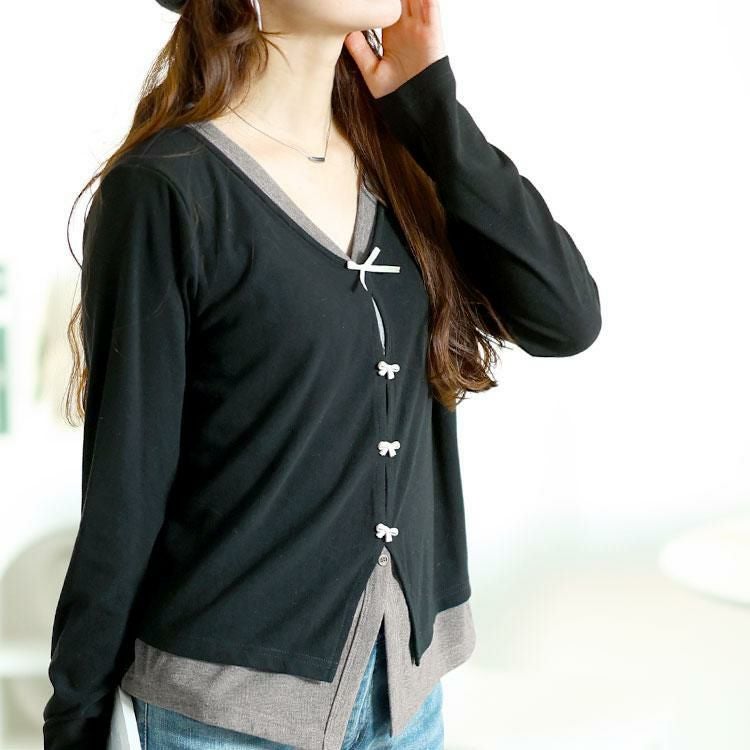大きいサイズ レディース カーディガン重ね着風トップス　goldy-1621 ブラック