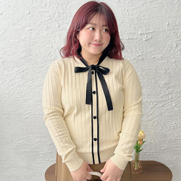 大きいサイズ レディース リボンタイバイカラーリブニット　goldy-1624