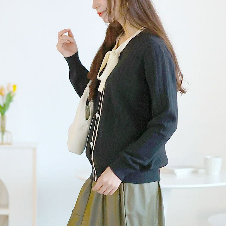 大きいサイズ レディース リボンタイバイカラーリブニット　goldy-1624