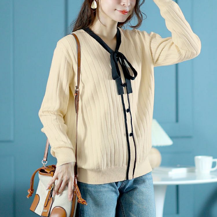 大きいサイズ レディース リボンタイバイカラーリブニット　goldy-1624