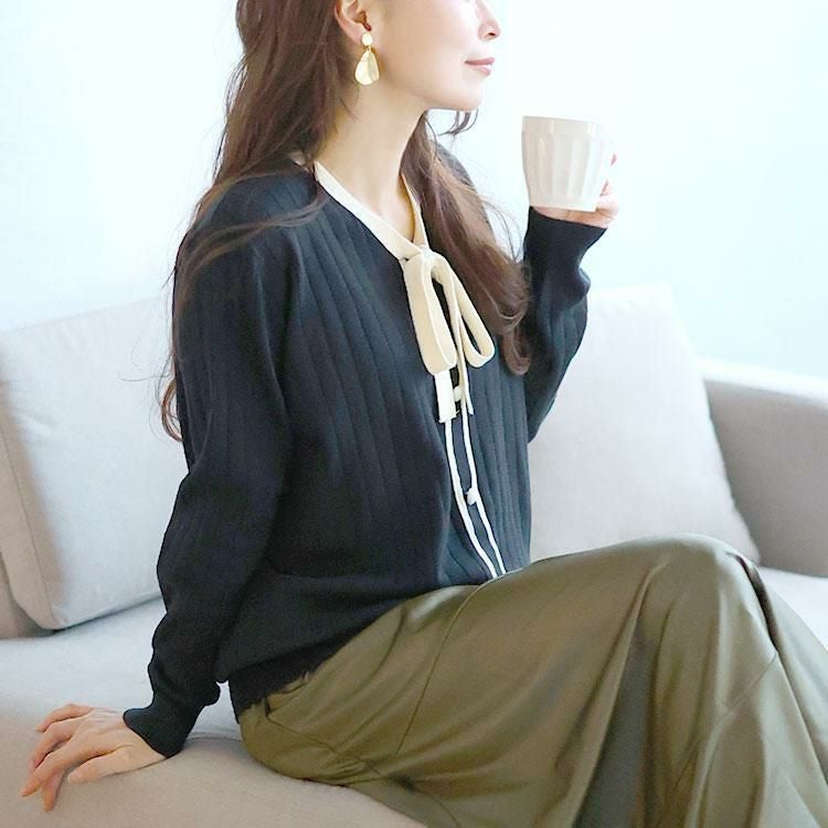 大きいサイズ レディース リボンタイバイカラーリブニット　goldy-1624 ブラック