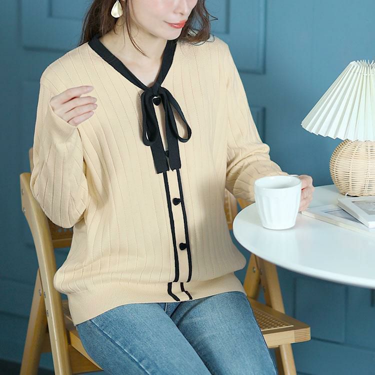 大きいサイズ レディース リボンタイバイカラーリブニット　goldy-1624 オフホワイト