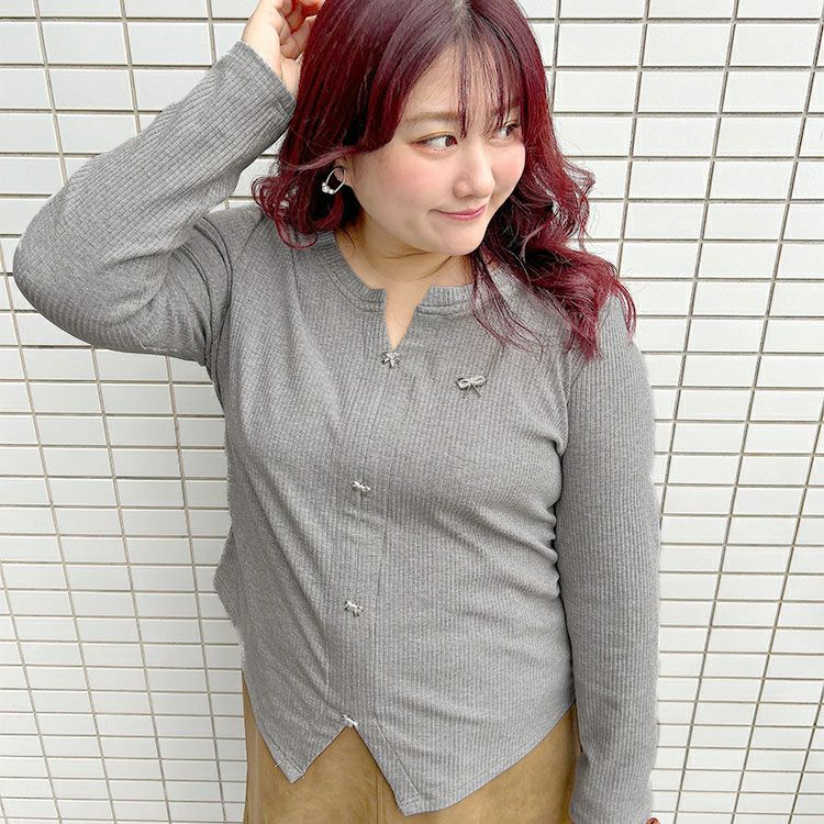 大きいサイズ レディース リボンチャーム付きリブニット　goldy-1622