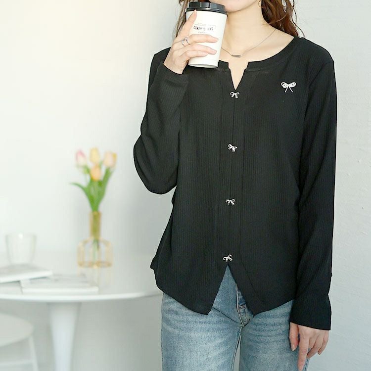 大きいサイズ レディース リボンチャーム付きリブニット　goldy-1622