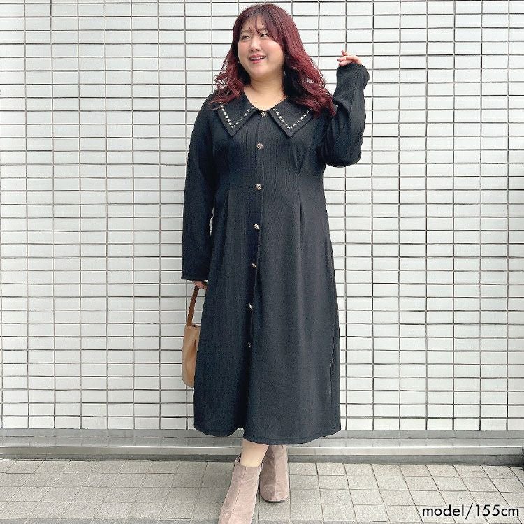 大きいサイズ レディース ビックカラー飾りボタンロングワンピース
